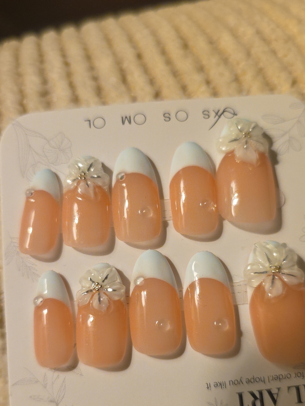 Peach & White Floral French Press-On Nails - Size Xs/ Small